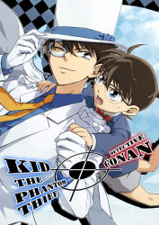 Rule 34 | 2boys, adjusting clothes, adjusting headwear, aged up, blue eyes, blue shirt, bow, bowtie, brown hair, cape, child, edogawa conan, falling, formal, glasses, gloves, gradient background, hat, holding hands, kaitou kid, kuroba kaito, male focus, md5 mismatch, meitantei conan, monocle, monocle chain, multiple boys, necktie, one eye closed, outdoors, resolution mismatch, shigatsu hajime, shirt, shorts, sky, smile, source larger, suit, top hat, traditional bowtie, white gloves, white suit, wink