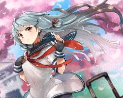 Rule 34 | 1girl, black gloves, black pantyhose, blue sailor collar, blunt bangs, cherry blossoms, commentary request, commission, covered navel, cowboy shot, dress, dutch angle, gloves, grey hair, hair ribbon, kantai collection, long hair, murakumo (kancolle), necktie, orange eyes, pantyhose, red necktie, ribbon, rolling suitcase, sailor collar, sailor dress, second-party source, sidelocks, skeb commission, solo, suitcase, sunday aki, tress ribbon