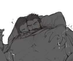 Rule 34 | 2boys, abs, bara, bare pectorals, beard, blue eyes, blush, chest hair, clothes lift, couple, facial hair, from below, glowing, glowing eyes, gomtang, grabbing, graves (league of legends), hair slicked back, highres, lactation, large pectorals, league of legends, male focus, male lactation, mature male, multiple boys, muscular, muscular male, nipples, pectoral grab, pectorals, shirt lift, short hair, spot color, stomach, twisted fate, upper body, yaoi