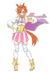 Rule 34 | 1girl, blush, boots, corset, crown, full body, grin, hand on own hip, highres, horse girl, horse tail, jjan-uyu, long sleeves, looking at viewer, mini crown, orange hair, pink skirt, pointing, pointing at viewer, purple eyes, shirt, short hair, simple background, sketch, skirt, smile, solo, standing, t.m. opera o (umamusume), tail, thighhighs, two-tone skirt, umamusume, v-shaped eyebrows, white background, white shirt, white thighhighs, yellow footwear