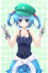 Rule 34 | 1girl, bad id, bad pixiv id, bare shoulders, blue eyes, blue hair, blush, breasts, clothes around waist, collarbone, female focus, gloves, hair bobbles, hair ornament, hat, highres, holding, jacket, jacket around waist, kawashiro nitori, looking at viewer, matching hair/eyes, mechanic, medium breasts, screwdriver, siyusiyu13, smile, solo, tank top, touhou, twintails, two side up, white gloves, wrench
