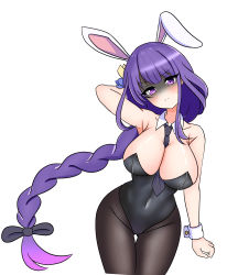 Rule 34 | &gt;:(, 1girl, alternate costume, animal ears, arm behind head, armpits, bare shoulders, bent over, between breasts, black leotard, black pantyhose, blunt bangs, bow, braid, breasts, cleavage, collarbone, commentary, covered navel, detached collar, english commentary, fake animal ears, firli (ard), genshin impact, gradient hair, hair bow, hair ornament, hair ribbon, head tilt, highres, large breasts, leotard, long hair, looking at viewer, low-braided long hair, low-tied long hair, low ponytail, multicolored hair, necktie, necktie between breasts, pantyhose, playboy bunny, purple eyes, purple hair, rabbit ears, raiden shogun, ribbon, shaded face, sidelocks, simple background, single braid, solo, strapless, strapless leotard, tongue, v-shaped eyebrows, white background, wrist cuffs