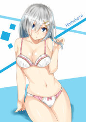 Rule 34 | 10s, 1girl, blue eyes, bow, bow bra, bow panties, bra, breasts, character name, cleavage, hair ornament, hair over one eye, hairclip, hamakaze (kancolle), kantai collection, lace, lace-trimmed bra, lace trim, large breasts, lingerie, looking at viewer, panties, short hair, silver hair, solo, underwear, underwear only, white bra, white panties, xsorax812