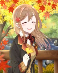 Rule 34 | 10s, 1girl, :d, ^ ^, autumn, autumn leaves, badge, black jacket, blush, bow, bowtie, brown hair, brown sweater, button badge, closed eyes, commentary request, day, ginkgo leaf, gorilla-shi, hair ornament, hairclip, highres, holding, holding leaf, jacket, kunikida hanamaru, leaf, leaf hair ornament, long hair, long sleeves, love live!, love live! school idol festival, love live! sunshine!!, maple leaf, open mouth, outdoors, plaid, plaid bow, plaid bowtie, plaid neckwear, railing, red bow, red bowtie, rock, smile, solo, standing, stream, sweater, upper body