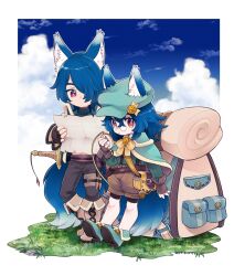 Rule 34 | 1boy, 1girl, animal ears, bag, blue hair, boots, cabbie hat, capelet, day, ears through headwear, fingerless gloves, fox boy, fox ears, fox girl, fox tail, glasses, gloves, grass, hair over one eye, hat, highres, holding, holding compass, holding map, holster, kmy-3 (kumayu), long hair, map, original, outdoors, pince-nez, red eyes, shorts, shoulder bag, sky, suspenders, sword, tail, thigh holster, weapon