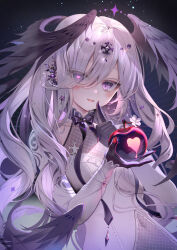 Rule 34 | 1girl, apple, asymmetrical wings, black gloves, black wings, commentary request, dress, eyes visible through hair, feathered wings, food, fruit, gloves, grey wings, hair over one eye, hands up, head wings, heart, heart-shaped pupils, highres, holding, holding food, holding fruit, index finger raised, kouyafu, long hair, mismatched wings, original, purple eyes, solo, symbol-shaped pupils, upper body, very long hair, white dress, white hair, wings