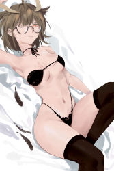 Rule 34 | 1girl, 460180189, arknights, armpits, ass, bare hips, bed sheet, bob cut, breasts, brown hair, cleavage, feather hair, feathers, g-string, glasses, highres, lingerie, looking at viewer, navel, one eye closed, pale skin, reclining, semi-rimless eyewear, silence (arknights), solo, thighhighs, thighs, thong, underwear, yellow eyes