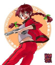 Rule 34 | 1girl, aono3, braid, commentary, cowboy shot, desert eagle, english text, green ribbon, gun, hair ribbon, handgun, holding, holding gun, holding weapon, jacket, long hair, looking at viewer, looking back, open clothes, open jacket, open mouth, original, pants, red eyes, red hair, red jacket, red pants, ribbon, shirt, simple background, smile, solo, standing, track jacket, track pants, track suit, trigger discipline, twin braids, weapon, white background, white shirt