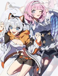 Rule 34 | 2girls, :d, ;d, ahoge, arm behind head, arm up, belt, belt buckle, black shorts, black skirt, blue eyes, breasts, brown thighhighs, buckle, cleavage, commentary, elysia (honkai impact), fang, grey background, grey eyes, grey hair, grey hairband, grey jacket, hair between eyes, hairband, hand up, hands up, highres, honkai (series), honkai impact 3rd, jacket, kiana kaslana, long hair, long sleeves, looking at viewer, medium breasts, multiple girls, one eye closed, open clothes, open jacket, open mouth, orange belt, pink hair, pointy ears, puffy long sleeves, puffy sleeves, shirt, short shorts, shorts, simple background, skirt, sleeves past wrists, smile, standing, standing on one leg, thighhighs, uehara suiyo, very long hair, white shirt, zoom layer
