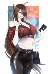 Rule 34 | 1girl, alternate costume, bag, bare shoulders, beidou (genshin impact), belt, black pants, border, breasts, brown hair, casual, cellphone, cleavage, crop top, eyepatch, genshin impact, hair ornament, hair over one eye, hair stick, hairpin, handbag, highres, holding, holding phone, jewelry, large breasts, long hair, navel, off shoulder, one eye covered, open mouth, pants, phone, colored eyepatch, red eyes, ring, smartphone, solo, tight clothes, tight pants, tommy (kingdukeee), very long hair, white border
