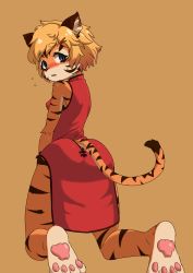 Rule 34 | 1girl, ass, blonde hair, blue eyes, borrowed character, chinese clothes, feet, female focus, from behind, fu-chan, furry, furry female, highres, looking back, mayoi89g, open mouth, original, soles, solo, tiger