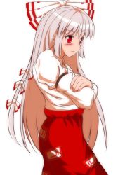 Rule 34 | 1girl, blush, crossed arms, fujiwara no mokou, hair ribbon, honda takaharu, long hair, red eyes, ribbon, solo, touhou, very long hair, white background, white hair