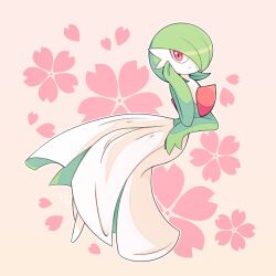 Rule 34 | 1girl, artist name, cherry blossoms, closed mouth, colored skin, creatures (company), female focus, flat chest, floral background, flower, full body, game freak, gardevoir, gen 3 pokemon, green hair, green skin, hair over one eye, hand on own cheek, hand on own face, hand up, happy, k.z.r, looking at viewer, multicolored skin, nintendo, one eye covered, outline, pink background, pink flower, pokemon, pokemon (creature), red eyes, short hair, signature, smile, solo, split mouth, two-tone skin, white outline, white skin