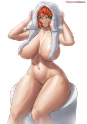 Rule 34 | 1girl, after bathing, arms up, breasts, covered erect nipples, curvy, drying, drying hair, green eyes, highres, huge breasts, large breasts, legs, naked towel, navel, nipple slip, nipples, nude, orange hair, penny polendina, rwby, short hair, sitting, solo, superbusty, thick thighs, thighs, towel, towel on head, wet, wet hair, wet towel, wide hips