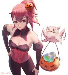 Rule 34 | 1girl, absurdres, anna (fire emblem), aztodio, bare shoulders, bird, breasts, brown eyes, candy, cleavage, corset, feh (fire emblem heroes), fire emblem, fire emblem heroes, food, gloves, halloween, highres, long hair, looking at viewer, medium breasts, nintendo, owl, ponytail, pumpkin, red hair, smile, solo