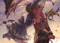 Rule 34 | 1boy, 1girl, brown hair, cuffs, dragon, dress, closed eyes, frilled dress, frills, handcuffs, hands on another&#039;s cheeks, hands on another&#039;s face, hetero, imminent kiss, kiss, leaning forward, ooi choon liang, original, sheath, sheathed, short hair, sky, squirrel, sword, tiara, weapon, white hair