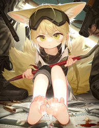 Rule 34 | 1girl, absurdres, animal ears, arknights, asymmetrical pants, barefoot, black scarf, blonde hair, blood, crowbar, cum, cum on body, cum on feet, fingerless gloves, fox ears, fox girl, fox tail, gloves, goggles, goggles on head, green eyes, gun, highres, holding, holding crowbar, holding weapon, legs together, multiple tails, newspaper, official alternate costume, on ground, scarf, shell casing, sitting, soles, solo, suzuran (arknights), suzuran (lostlands flowering) (arknights), tail, tianliang duohe fangdongye, toes, tooth, weapon