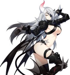 Rule 34 | 1girl, ass, bad id, bad twitter id, blue eyes, boots, bracelet, breasts, card, cleavage, closers, demon girl, demon tail, demon wings, eyepatch, fingerless gloves, gloves, grin, harpy (closers), horns, jewelry, leg up, long hair, md5 mismatch, midriff, nail polish, official art, resized, sideboob, silver hair, single horn, smile, solo, spiked bracelet, spikes, tail, thigh boots, thigh strap, thighhighs, transparent background, underboob, upscaled, very long hair, wings