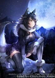 Rule 34 | 1girl, animal ears, blue eyes, boots, breasts, commentary request, full body, fur collar, fur trim, gloves, gradient legwear, grey hair, grey jacket, grey thighhighs, grey wolf (kemono friends), heterochromia, jacket, kemono friends, kemono friends 3, koruse, large breasts, long hair, long sleeves, multicolored clothes, multicolored hair, multicolored legwear, necktie, night, night sky, official art, on one knee, plaid, plaid necktie, plaid neckwear, plaid skirt, pleated skirt, skirt, sky, sleeve cuffs, solo, tail, thighhighs, white footwear, white gloves, white hair, white thighhighs, wolf ears, wolf girl, wolf tail, yellow eyes, zettai ryouiki