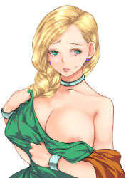 Rule 34 | 1girl, areola slip, bianca (dq5), blonde hair, bracelet, braid, breasts, choker, cleavage, collarbone, dragon quest, dragon quest v, dress, earrings, eyebrows, green dress, green eyes, jewelry, lagarto, large breasts, lips, long hair, parted lips, simple background, solo, sweatdrop, upper body, white background