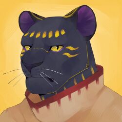 Rule 34 | 1boy, afk journey, black eyes, colored sclera, furry, furry male, looking at viewer, male focus, panther boy, panther ears, roni orin, seth (afk journey), slit pupils, upper body, whiskers, yellow background, yellow sclera