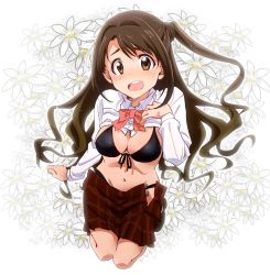 Rule 34 | 10s, 1girl, :o, bikini, bikini under clothes, black bikini, blush, bow, breasts, brown eyes, brown hair, brown skirt, clothes lift, collared shirt, dress shirt, floral background, flower, front-tie bikini top, front-tie top, full body, hand on own chest, hariyama (toubou tengoku), idolmaster, idolmaster cinderella girls, legs together, long hair, long sleeves, looking at viewer, navel, nose blush, open mouth, pink bow, school uniform, shimamura uzuki, shirt, shirt lift, side ponytail, skirt, solo, swimsuit, swimsuit under clothes, tears, undressing, unfastened, very long hair, white shirt
