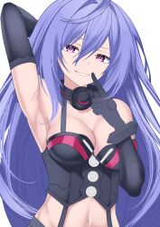 1girl absurdres ahoge arm_up black_gloves blue_hair breasts choujigen_game_neptune collarbone commentary elbow_gloves english_commentary gloves hair_between_eyes highres index_finger_raised iris_heart long_hair long_hair_between_eyes looking_at_viewer medium_breasts navel neptune_(series) pink_eyes simple_background solo symbol-shaped_pupils upper_body very_long_hair white_background xueli_shimazaki