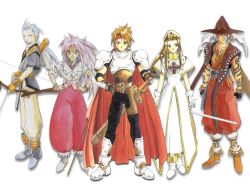 Rule 34 | 1990s (style), 2girls, 3boys, arche klein, boots, chester burklight, claus lester, cress albane, fujishima kousuke, knee boots, mint adenade, multiple boys, multiple girls, official art, pants, pink pants, retro artstyle, tales of (series), tales of phantasia, wide ponytail