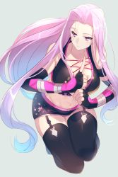 Rule 34 | 1girl, aqua hair, echo (circa), elbow gloves, fate/stay night, fate (series), fingerless gloves, garter straps, gloves, grey background, lace-up top, long hair, medusa (an army marches on its stomach) (fate), medusa (fate), medusa (rider) (fate), miniskirt, multicolored hair, navel, official alternate costume, pink eyes, pink hair, simple background, skirt, solo, thighhighs, very long hair