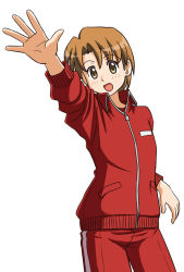 Rule 34 | 1girl, :d, blush, brown eyes, brown hair, fujimoto atsuko, gym uniform, jacket, lielos, long sleeves, looking at viewer, non-web source, open mouth, original, pants, short hair, simple background, smile, solo, track jacket, track suit, white background