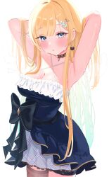 Rule 34 | 1girl, absurdres, aizawa ema, aizawa ema (1st costume), arms up, black bow, blonde hair, blue dress, blue eyes, blush, bow, breasts, cat earrings, choker, cleavage, dress, highres, lace, lace choker, long hair, medium breasts, meercat dayo, single thighhigh, solo, swept bangs, thighhighs, virtual youtuber, vspo!