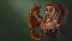 Rule 34 | 1girl, :d, animal, brigitte (overwatch), brown eyes, brown hair, cat, clothes writing, erin raught, highres, holding, holding animal, holding cat, image sample, open mouth, overwatch, overwatch 1, ponytail, shoulder tattoo, signature, smile, solo, tank top, tattoo, twitter sample, watermark, web address