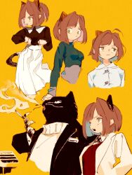Rule 34 | 1boy, 1girl, ahoge, alternate costume, alternate hair color, animal ear hairband, animal ears, ashtray, between fingers, black cat, black jacket, black shirt, blazer, blowing smoke, blue pajamas, blunt ends, brown hair, cat, cat ear hairband, cat ears, cat tail, cigarette, collared shirt, colored inner hair, commentary request, cropped torso, fake animal ears, furry, furry male, glaring, green eyes, green shirt, green sweater, grey hair, hair intakes, hairband, highres, holding, holding cigarette, idolmaster, idolmaster cinderella girls, imay3927, impossible clothes, impossible sweater, jacket, looking ahead, looking to the side, maekawa miku, multicolored hair, multiple views, open clothes, open jacket, pajamas, pink hair, pleated skirt, red shirt, rolling eyes, shirt, shirt tucked in, skirt, smoking, sweater, tail, turtleneck, turtleneck sweater, v-shaped eyebrows, white jacket, white skirt, white sweater