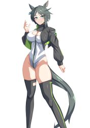 Rule 34 | 1girl, alice gear aegis, animal ears, black hair, black jacket, black thighhighs, blue eyes, breasts, circle cutout, cleavage, cleavage cutout, clothing cutout, companion/af, covered collarbone, ear ornament, feet out of frame, front zipper, fuji kiseki (umamusume), full-length zipper, heattech leotard, highleg, highleg leotard, highres, horse ears, horse girl, horse tail, ishitsuma canon, jacket, large breasts, leotard, looking at viewer, multicolored hair, race queen, short hair, sleeveless turtleneck leotard, smile, solo, streaked hair, tail, thighhighs, turtleneck, two-tone leotard, umamusume, white leotard, zipper, zipper leotard, zipper pull tab