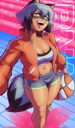 1girl 2020 2020s absurdres animal_ears animal_nose bad_tag ball basketball basketball_(object) black_hair blue_hair blue_shorts brand_new_animal breasts cleavage commentary crop_top dolphin_shorts english_commentary english_text eyelashes fangs female female_focus fur furry furry_female green_eyes hair_between_eyes high_collar highres jacket medium_breasts michiru_kagemori multicolored_hair navel open_clothes open_jacket open_mouth personification pltnm_ghost raccoon raccoon_ears raccoon_girl raccoon_tail red_jacket selfie short_hair short_shorts shorts solo solo_focus standing studio_trigger tail tanuki teeth thick_thighs thighs tight_shorts tongue tongue_out track_jacket two-tone_hair two_tone_tail unzipped upper_teeth_only