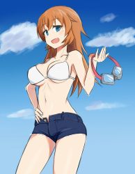 Rule 34 | 1girl, aiueo, bikini, bikini top only, blue eyes, breasts, charlotte e. yeager, cloud, cutoffs, day, goggles, hand on own hip, hip focus, large breasts, long hair, navel, open fly, open mouth, orange hair, short shorts, shorts, sky, solo, strike witches, swimsuit, underboob, unzipped, white bikini, world witches series