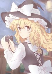 Rule 34 | 1girl, :/, acoco, alternate eye color, balcony, binoculars, black vest, blonde hair, braid, brown eyes, charm (object), commentary request, expressionless, hair between eyes, hat, hat ribbon, highres, holding, holding binoculars, kirisame marisa, long hair, long sleeves, looking at viewer, looking back, night, night sky, outdoors, ribbon, shirt, shooting star, single braid, sky, solo, star (sky), star (symbol), starry sky, touhou, upper body, very long hair, vest, white shirt, witch hat