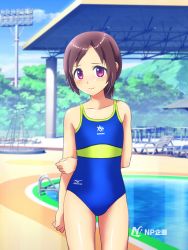 Rule 34 | 1girl, blue sky, brown hair, competition swimsuit, mizuno (brand), one-piece swimsuit, pool, purple eyes, renaissance (sports club), sky, swimsuit