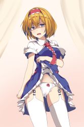 Rule 34 | 1girl, alice margatroid, apron, ascot, blonde hair, blue dress, blue eyes, capelet, dress, garter straps, hairband, highres, lifted by self, lolita hairband, open mouth, panties, short hair, solo, thighhighs, touhou, underwear, vel0x s, waist apron, white panties, white thighhighs