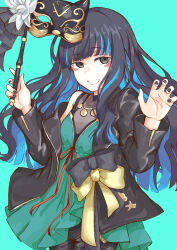 Rule 34 | 1girl, aqua background, aqua dress, black bow, black eyes, black hair, black jacket, black mask, black nails, blue hair, blunt bangs, bow, colored inner hair, dress, facial mark, fate/grand order, fate (series), fingernails, grin, highres, holding, jacket, kamesan231, long hair, looking at viewer, mask, multicolored hair, official alternate costume, simple background, smile, solo, tenochtitlan (fate), two-tone hair, yellow bow