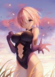 Rule 34 | 1girl, bad id, bad pixiv id, black leotard, blue sky, breasts, chariot.f, cleavage, clothing cutout, cowboy shot, day, elbow gloves, fate/grand order, fate (series), gloves, hair over one eye, large breasts, leotard, looking at viewer, mash kyrielight, midriff, navel, navel cutout, outdoors, pink hair, purple eyes, purple gloves, short hair, sky, smile, solo, standing, stomach