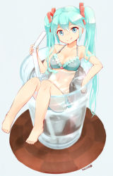 Rule 34 | 1girl, 2015, :q, aqua eyes, aqua hair, barefoot, bikini, breasts, cleavage, cup, dated, drinking glass, drinking straw, full body, hair ribbon, hatsune miku, in container, in cup, long hair, medium breasts, mini person, minigirl, nagian, oversized object, partially submerged, ribbon, simple background, solo, swimsuit, tongue, tongue out, vocaloid
