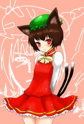 Rule 34 | 1girl, :3, animal ears, arms behind back, blush, brown eyes, cat ears, cat girl, cat tail, chen, earrings, female focus, han (jackpot), hat, jewelry, multiple tails, red eyes, short hair, smile, solo, tail, touhou, yakumo ran