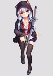 Rule 34 | 1girl, allenes, black thighhighs, breasts, cleavage, closed mouth, collarbone, full body, garter straps, gun, highres, holding, holding gun, holding weapon, hood, hoodie, long hair, long sleeves, looking at viewer, medium breasts, necktie, original, red necktie, scar, sheath, sheathed, silver hair, sitting, solo, striped necktie, striped neckwear, sword, thighhighs, twintails, weapon
