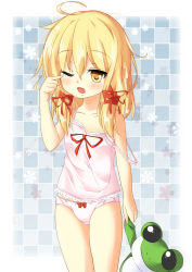 Rule 34 | 1girl, ahoge, arm up, beritabo, blonde hair, blush, bow, camisole, checkered background, child, female focus, hair bow, moriya suwako, off shoulder, one eye closed, open mouth, panties, pink panties, rubbing eyes, solo, strap slip, stuffed animal, stuffed frog, stuffed toy, tears, touhou, underwear, underwear only, waking up, wink, yellow eyes, aged down