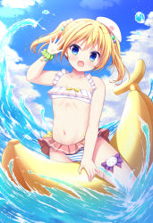 Rule 34 | 1girl, :d, arm up, banana boat, bare arms, bare shoulders, bikini, blonde hair, blue eyes, blue sky, blush, cloud, commentary request, day, hair between eyes, highres, inflatable toy, mismatched bikini, navel, on banana, open mouth, original, outdoors, shiwasu horio, sky, smile, solo, striped bikini, striped clothes, swimsuit, tilted headwear, twintails, water, white bikini, white headwear