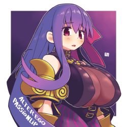 Rule 34 | 1girl, bow, breasts, character name, choker, covered erect nipples, fate/extra, fate/extra ccc, fate/grand order, fate (series), hair bow, huge breasts, long hair, mawaru (mawaru), passionlip (fate), pink eyes, purple hair, signature, solo, very long hair