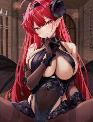 Rule 34 | 1girl, absurdres, ahoge, azur lane, bare shoulders, black gloves, black headband, black horns, breasts, center cross lace, center frills, classic (zildjian33), cleavage, clothing cutout, curled horns, demon girl, demon wings, elbow gloves, frilled gloves, frills, gloves, headband, highres, hindenburg (azur lane), horns, large breasts, long hair, pantyhose, pointy ears, red eyes, red hair, slit pupils, solo, underboob, underboob cutout, very long hair, wings