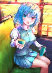 Rule 34 | 1girl, :d, absurdres, aqua eyes, aqua hair, aqua skirt, aqua vest, breasts, check commentary, commentary request, cup, giving, heterochromia, highres, huge filesize, juliet sleeves, long sleeves, mame (mame3737), medium breasts, open mouth, puffy sleeves, red eyes, shirt, short hair, skirt, smile, solo, tatara kogasa, tea, touhou, train interior, white shirt