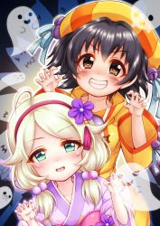 Rule 34 | 2girls, ahoge, akagi miria, animal, bat (animal), bell, black hair, blonde hair, blush, brown eyes, claw pose, commentary request, dress, flower, ghost, green eyes, grin, hair bobbles, hair flower, hair ornament, hair over shoulder, hairband, hands up, highres, idolmaster, idolmaster cinderella girls, japanese clothes, jingle bell, kimono, long sleeves, looking at viewer, low twintails, multiple girls, pink kimono, purple flower, red hairband, regular mow, short twintails, smile, swept bangs, twintails, v-shaped eyebrows, wide sleeves, yellow dress, yusa kozue